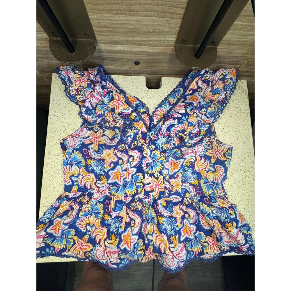 Nanette Lepore Blue Floral Starfish V-Neck Lace Trim Top L